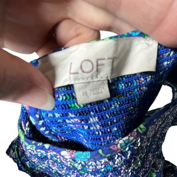 LOFT Blue Floral Smocked Flutter Sleeve Blouse Women’s M Cotton Boho - Picture 5 of 8